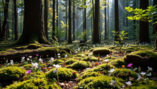 Moss spreads across the forest floor while scattered flowers bloom under tall trees in calm, filtered light. photo