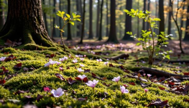 Forest floor covered with moss and delicate blooms spreads beneath high trees in calm, serene sunlight. photo
