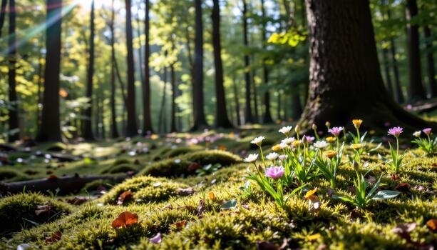 Moss spreads across the forest floor while flowers bloom beneath high trees bathed in gentle sunlight. photo