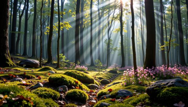 The forest floor breathes with moss and blooms illuminated by soft beams drifting between tall silent trees. photo