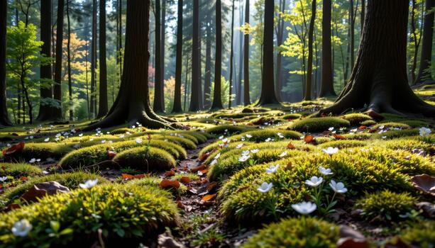 A peaceful moss lined forest floor decorated with flowers stands beneath tall, unmoving trees in soft shadow. photo