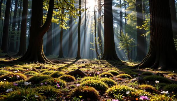 The forest floor glows with warm light on moss and flowers beneath immense trees casting gentle shade. photo
