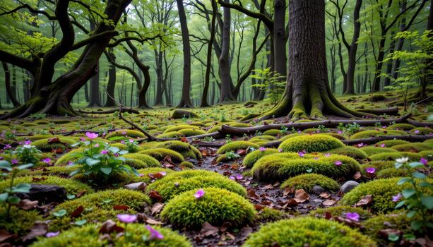 A tranquil forest floor layered in moss and scattered blooms is sheltered beneath the dense canopy of old trees. photo