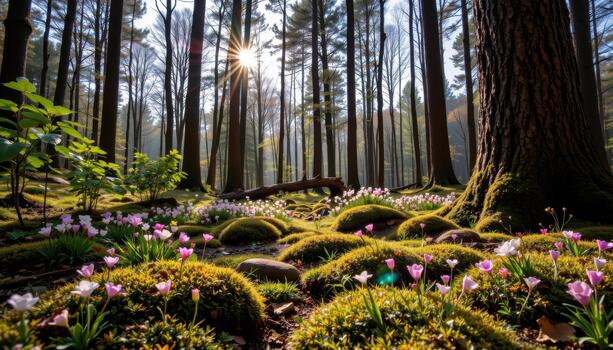 A tranquil forest floor covered in moss and blooms lies beneath towering trees touched by golden rays. photo