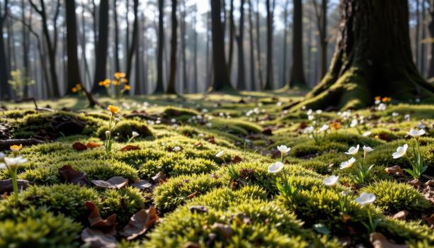 A forest floor alive with moss textures and tiny flowers rests beneath silent tree canopies holding soft light. photo