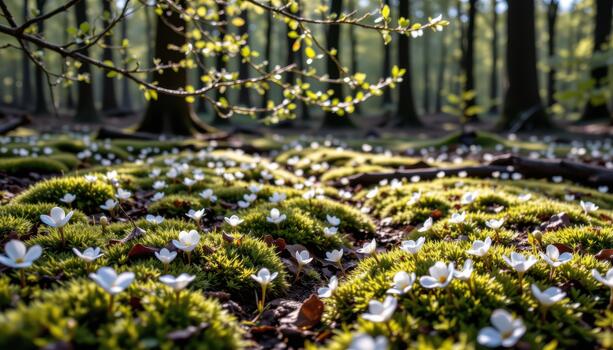 A peaceful forest floor lined with moss and blossoms rests beneath branches forming delicate patterns of light. photo