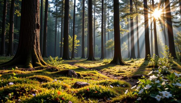 The forest floor glows with moss and small flowers beneath towering trees swaying slightly in soft sunlight. photo