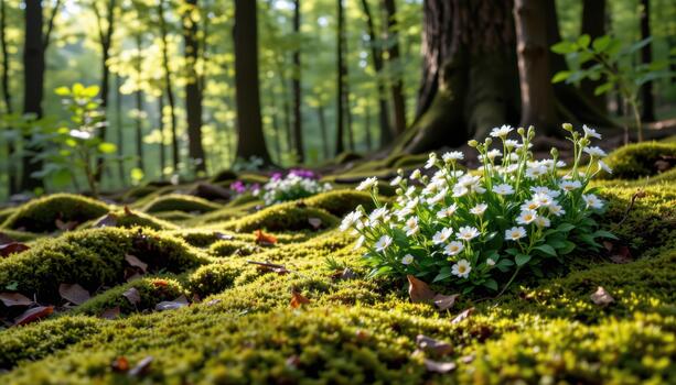 Moss blankets the forest floor while flowers bloom in clusters beneath tall trees touched by dappled light. photo