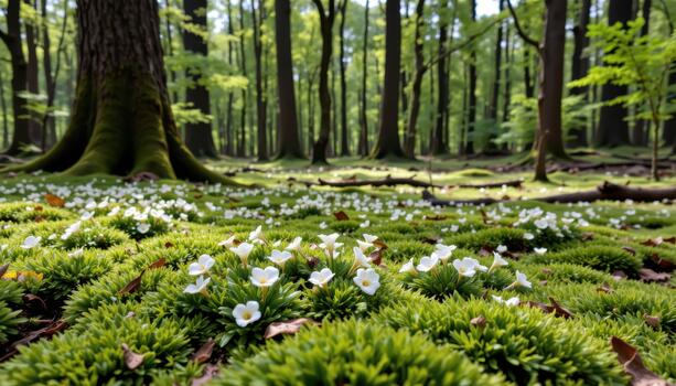Moss spreads across the forest floor with gentle clusters of flowers beneath the still canopies of ancient trees. photo