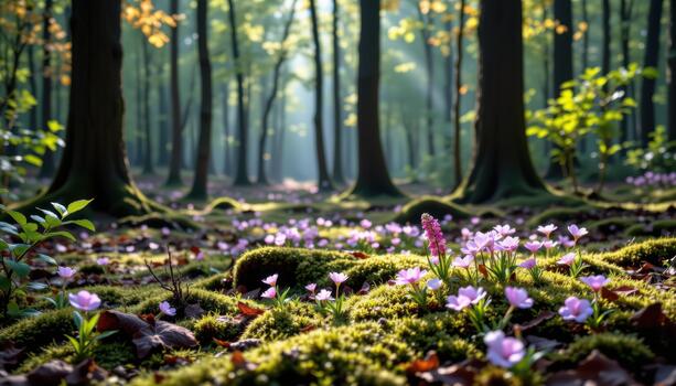 The forest floor breathes tranquility with moss and blooms lying beneath towering trees in soft shade. photo