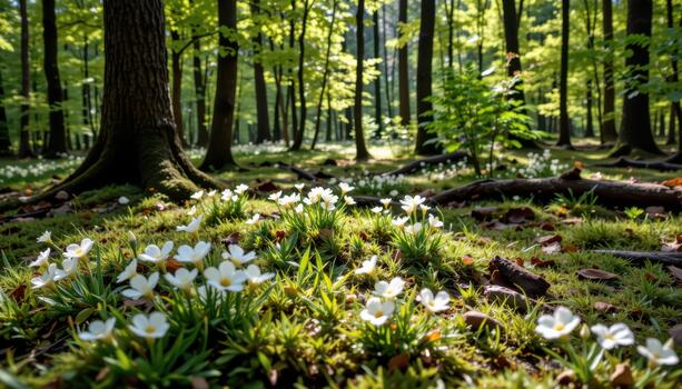 Soft moss carpets the forest floor while small flowers bloom beneath high trees under dappled sunlight. photo