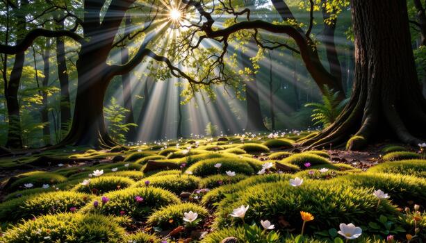 Moss and flowers carpet the forest floor beneath sprawling trees as gentle sunbeams weave through the canopy. photo