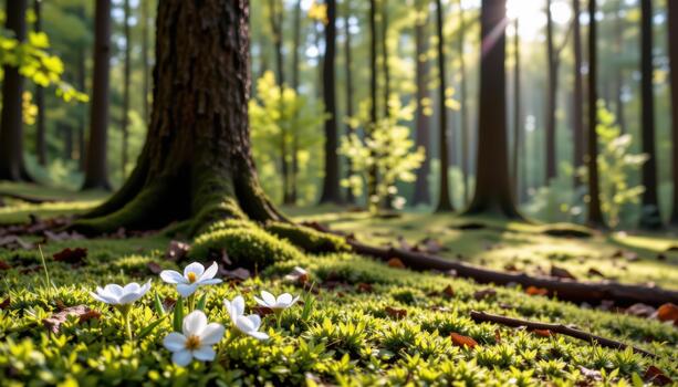 Delicate flowers peek through moss covering the forest floor beneath tall trees standing silently in filtered light. photo