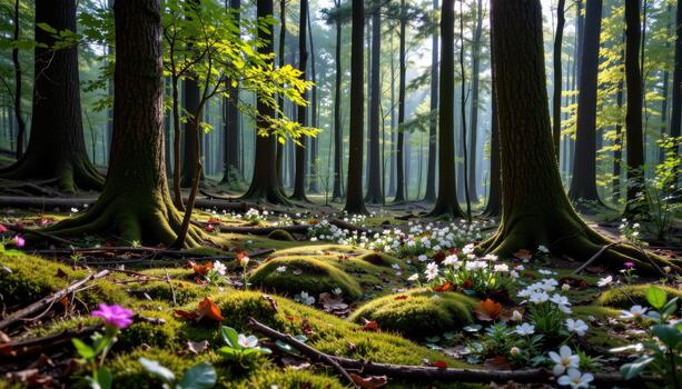 The forest floor is layered with moss and scattered blooms beneath tall trees, glowing softly in calm woodland light. photo