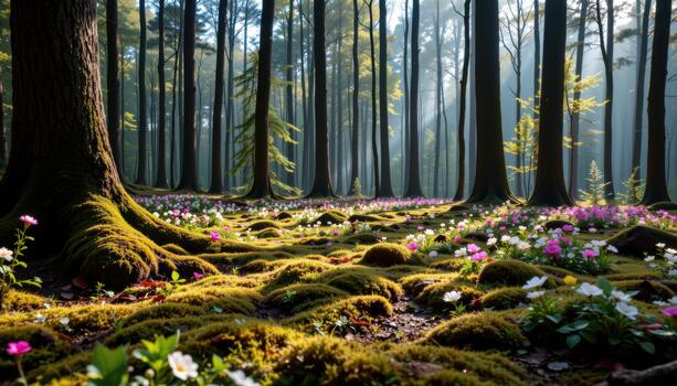 The forest floor spreads with moss and scattered blooms beneath towering trees in calm, quiet light. photo