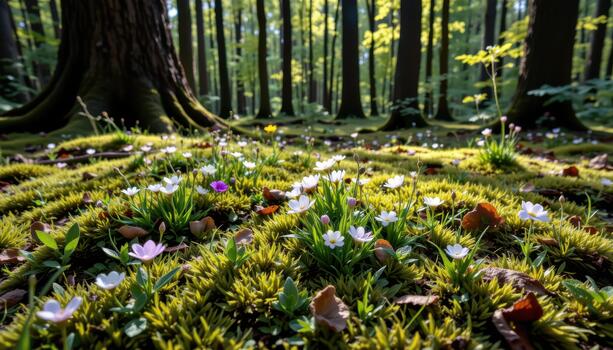 Wildflowers bloom atop lush moss on the quiet forest floor beneath towering tree trunks in soft filtered light. photo