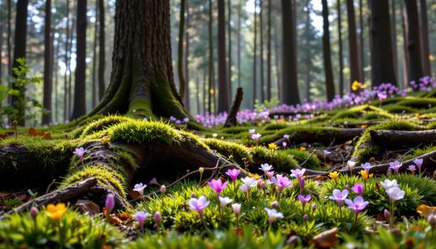 Moss spreads across roots and flowers bloom softly on the forest floor beneath towering silent trees. photo