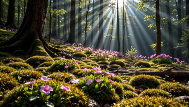 Moss blankets the forest floor while flowers bloom beneath ancient trees bathed in soft morning light. photo