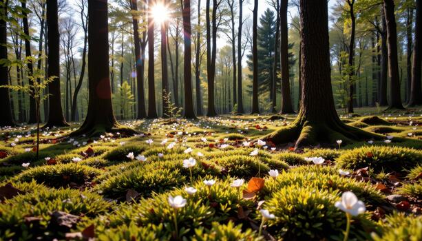 Moss spreads across the forest floor while scattered blossoms bloom beneath tall trees in warm light. photo