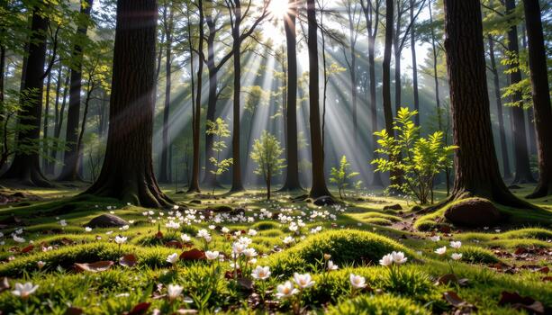 Soft moss and flowers cover the forest floor beneath high trees with sunlight drifting through branches. photo