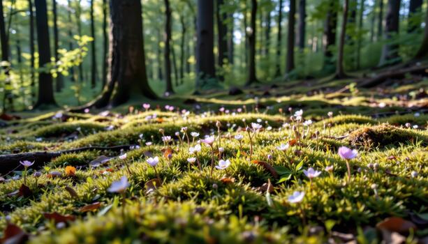Forest floor alive with moss and small blooms rests beneath high trees in calm, filtered light. photo