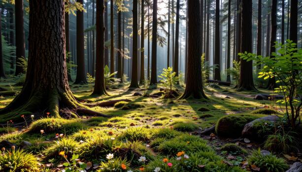 The forest floor is layered with green moss and scattered flowers under tall trees swaying gently in quiet light. photo