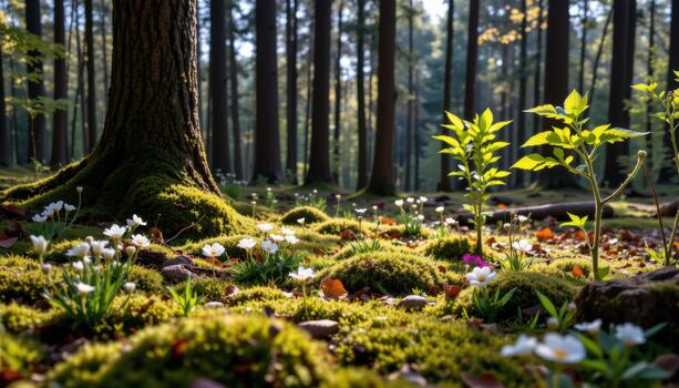 Moss carpets the forest floor while scattered flowers bloom beneath towering trees in warm, soft light. photo
