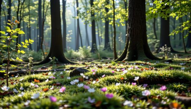 Soft moss and scattered blooms cover the forest floor beneath towering trees in calm, serene light. photo