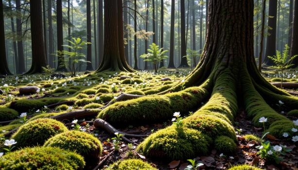Moss blankets roots on the forest floor while scattered flowers bloom beneath towering trees in calm light. photo
