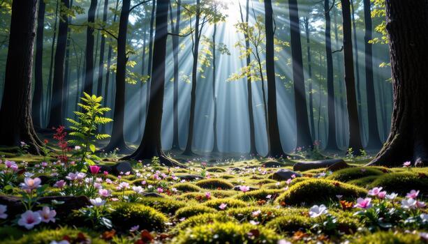 A tranquil forest floor of moss and blooms lies beneath high trees illuminated by soft, drifting sunlight. photo