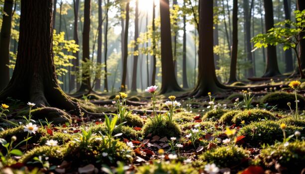 A quiet forest floor with moss and delicate blooms lies beneath towering trees bathed in soft light. photo