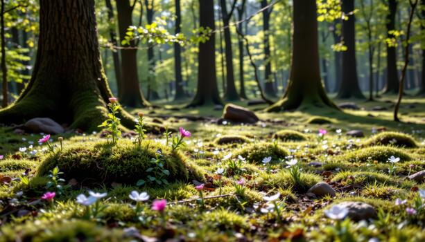 Soft moss and scattered blooms cover the forest floor beneath ancient trees as sunlight filters softly. photo