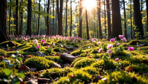Moss carpets the forest floor while flowers bloom beneath high trees in warm, gentle daylight. photo