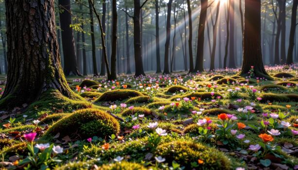 Forest floor covered with moss and blooms spreads beneath ancient trees bathed in calm morning light. photo