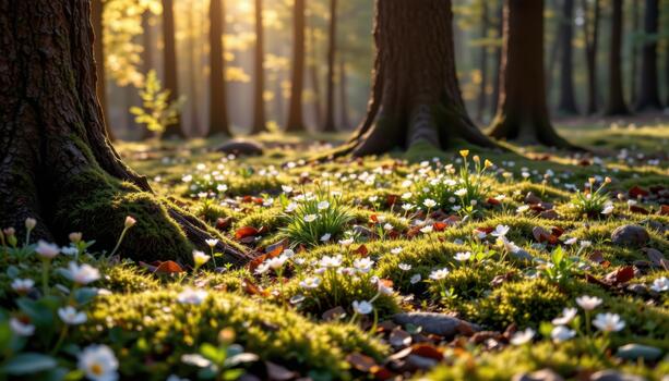 Forest floor alive with moss and tiny blooms spreads beneath ancient trees in calm, warm light. photo