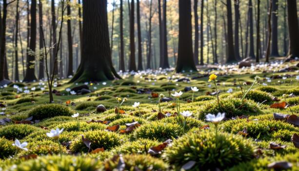 Moss spreads across the forest floor while flowers bloom beneath towering trees in calm, warm daylight. photo