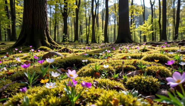 Soft moss blankets the forest floor while delicate flowers bloom beneath towering trees in warm sunlight. photo