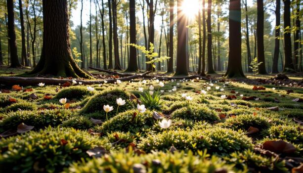 Moss covers the forest floor while tiny flowers bloom beneath high trees bathed in soft afternoon light. photo