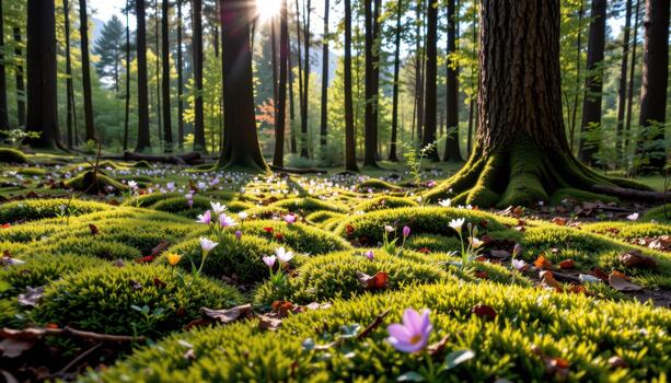 Moss spreads across the forest floor while scattered wildflowers bloom beneath towering trees. photo