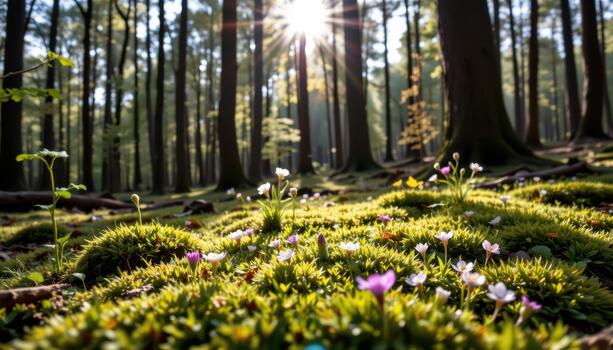 Soft moss blankets the forest floor while delicate flowers bloom beneath tall trees in filtered sunlight. photo