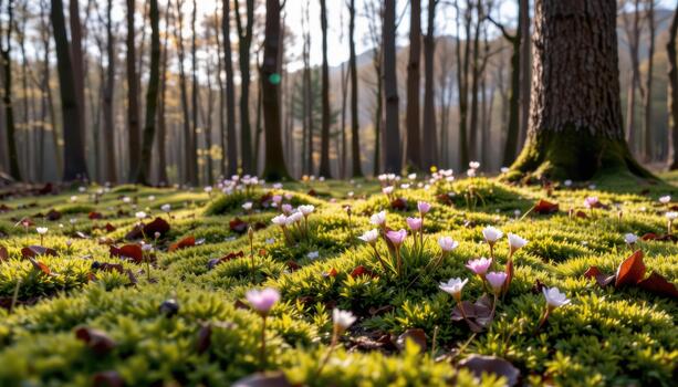 Moss carpets the forest floor while scattered blooms bloom beneath high trees in warm, soft light. photo