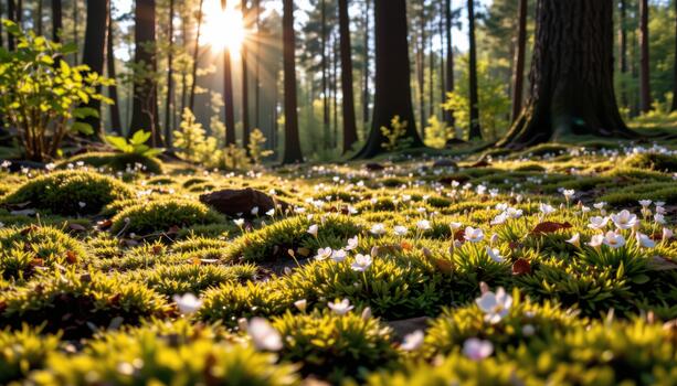 Moss blankets the forest floor while tiny blossoms bloom beneath towering trees in soft golden light. photo
