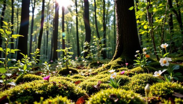 Moss carpets the forest floor while delicate flowers bloom beneath tall trees bathed in soft sunlight. photo