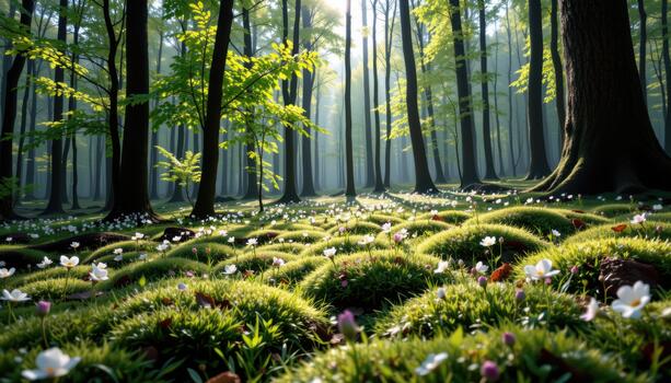 Soft moss blankets the forest floor while scattered flowers bloom beneath high trees in calm daylight. photo