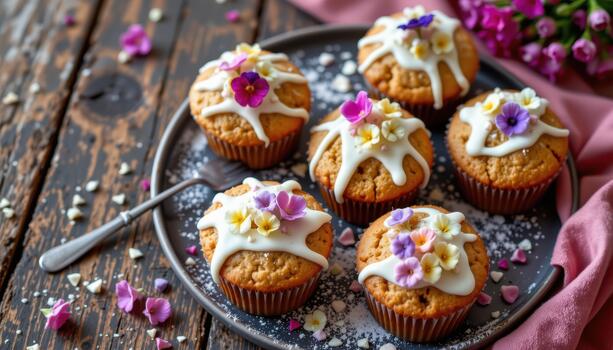 Muffins adorned with edible blossoms, soft icing, and powdered sugar on a rustic table setting. photo