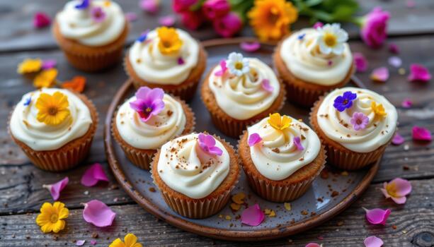 Muffins adorned with edible flowers, soft frosting, and scattered petals on a rustic table setting. photo