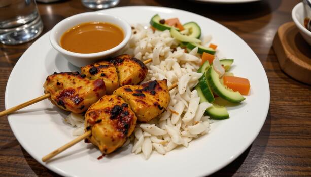Grilled chicken satay served with peanut sauce and steamed rice with cucumber salad. photo