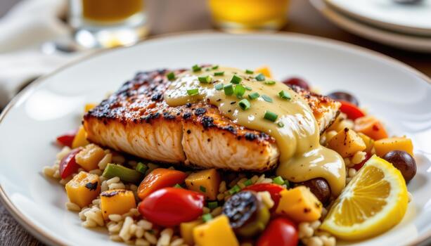 Pan seared salmon with lemon butter sauce served over rice with roasted vegetables. photo