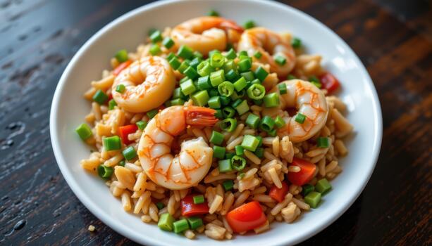 Shrimp fried rice with vegetables, green onions, and a dash of soy sauce. photo