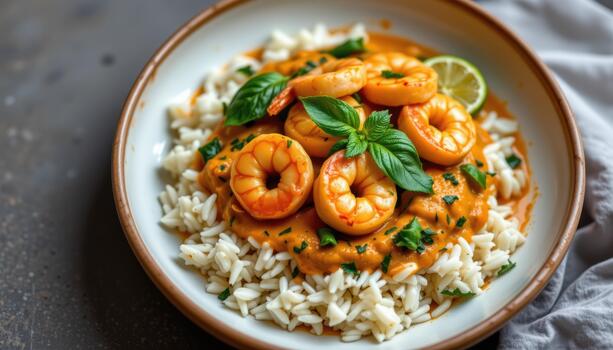 Coconut milk curry shrimp served over jasmine rice with fresh basil and lime slices. photo
